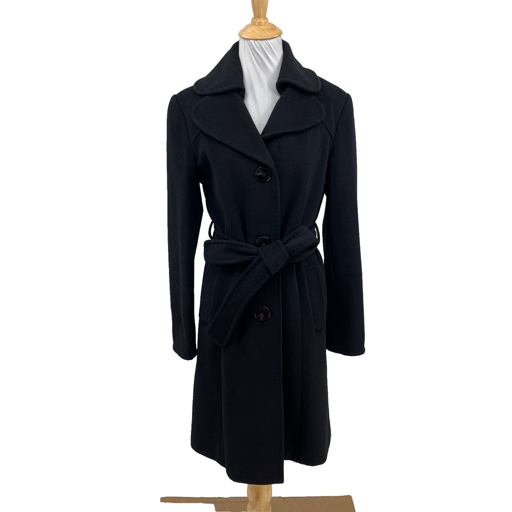 Ellen Tracy Coat Women 4 Black Wool Blend Wrap Notch Lined Pockets Belted Trench